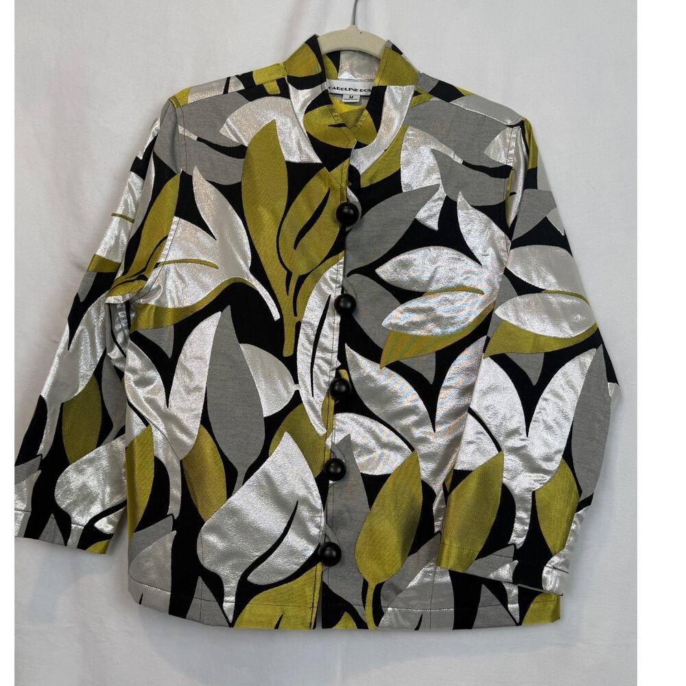 Caroline Rose Metallic Jacquard Leaf Print  Blazer Sz M Black Gold Silver